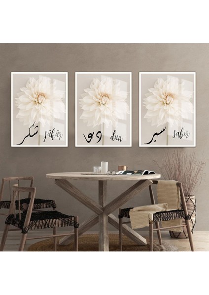 şükür-Dua-Sabır Soft Çiçek|çerçeveli Cam Tablo 3lü Dikey