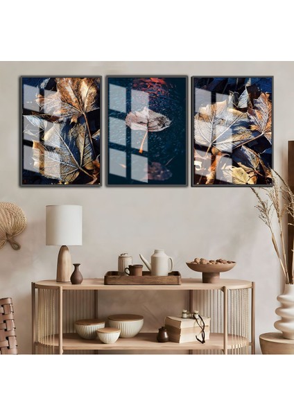 lacivert-Gold Kombini Yaprak Orman Kombini|çerçeveli Temperli Cam Tablo 3lü Dikey