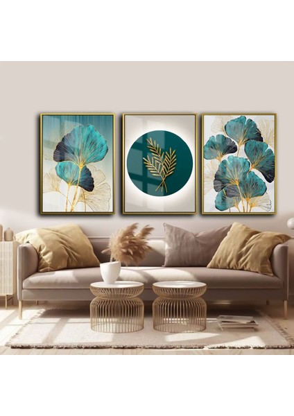 |turkuaz-Gold Kombini Sonsuzluk Çiçeği |çerçeveli Temperli Cam Tablo 3lü Dikey