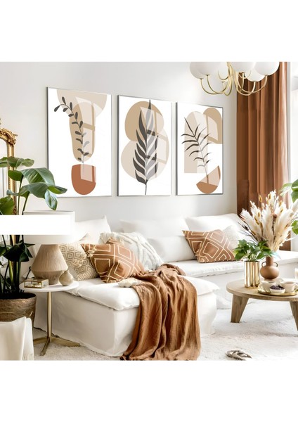 krem-Kahverengi Minimalist Bohem Yaprak Seti |çerçeveli Cam Tablo 3lü Dikey