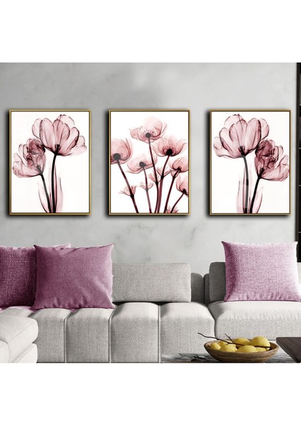 pudra Pembe Renk 3 Lü Soyut Çiçek |çerçeveli Cam Tablo 3lü Dikey