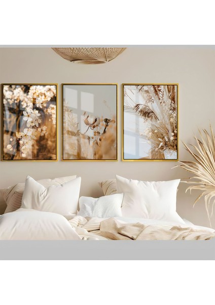 soft-Beyaz En Şık Çiçek Kombini 5|çerçeveli Temperli Cam Tablo 3lü Dikey