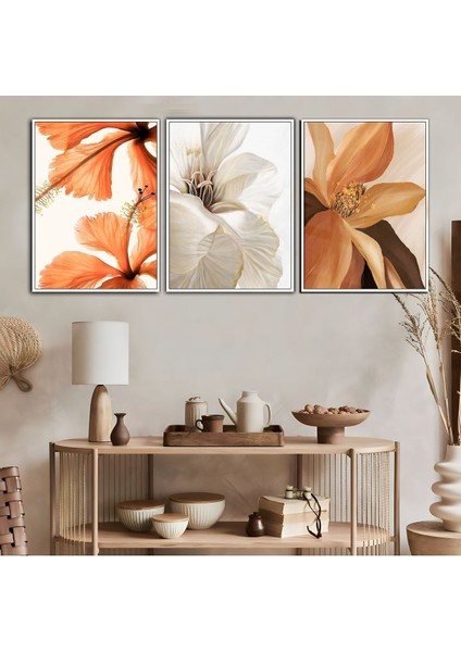 soft-Turuncu Çiçek Kombini |çerçeveli Temperli Cam Tablo 3lü Dikey