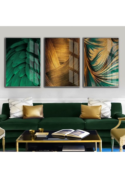 zümrüt-Gold Kombini Kanat-Soyut Kombin|çerçeveli Temperli Cam Tablo 3lü Dikey