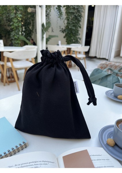 Siyah Çevre Dostu Bez Büzgülü Ipli Düzenleyici Kese,makyaj Çantası,bez Poşet