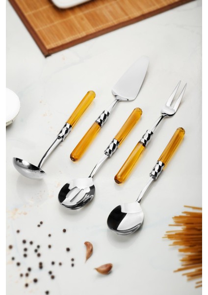 5 Parça Platin Servis Seti & Servis Sunum Seti Amber ( Kepçe / Kevgir / Sıpatula / Çatal / Kaşık )