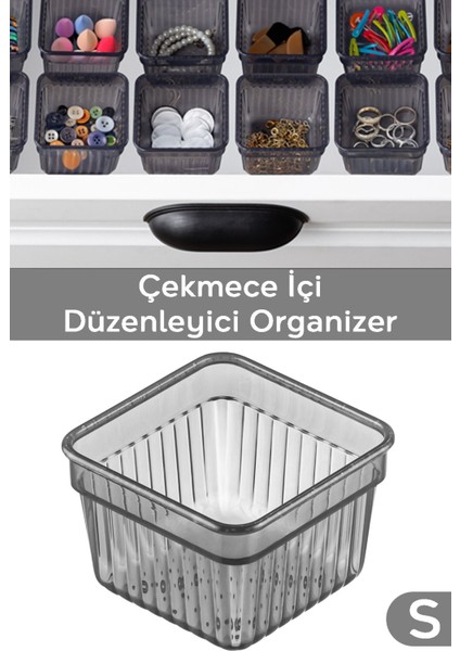 Modüler Çekmece Içi Düzenleyici - Banyo Makyaj Takı Organizer Ofis Düzenleyici 7,8 x 7,8 cm Antrasi