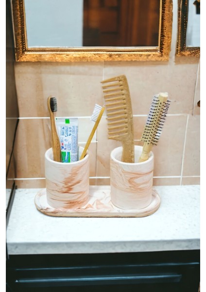 Banyo Seti Turuncu Renk Tepsili Diş Fırçalık, Diş Macunluk, Makyaj Organizeri,banyo Takım