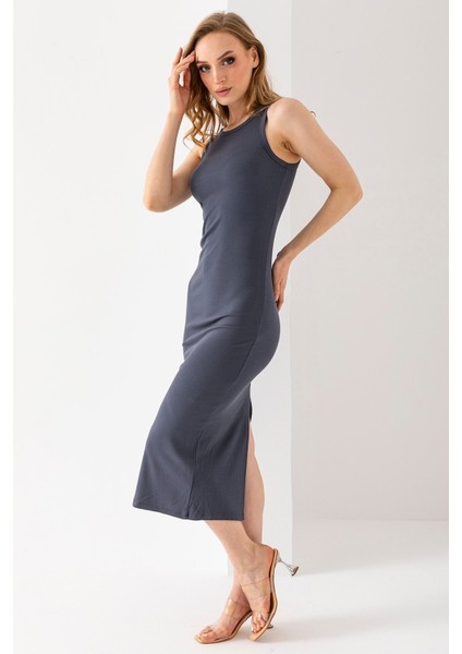 Kadın Bisiklet Yaka Yırtmaçlı Kaşkorse Elbise Antrasit - MS0000521