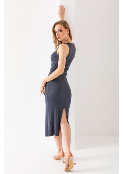 Kadın Bisiklet Yaka Yırtmaçlı Kaşkorse Elbise Antrasit - MS0000521 modelleri