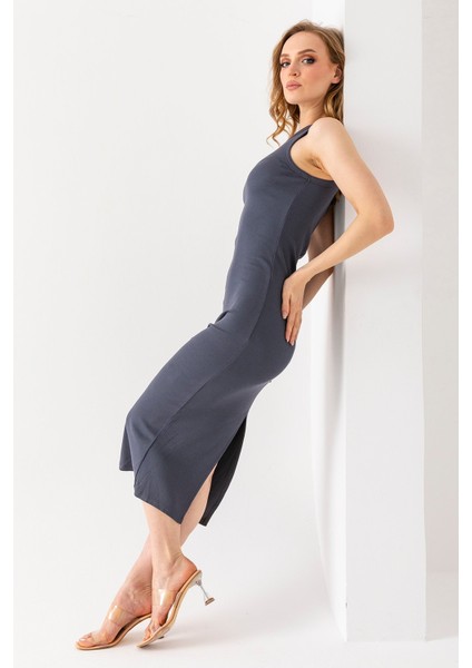 Kadın Bisiklet Yaka Yırtmaçlı Kaşkorse Elbise Antrasit - MS0000521 indirimleri
