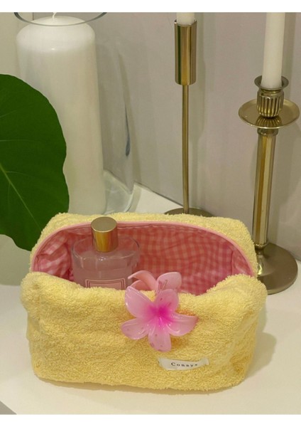 Sarı Havlu Kumaş Düzenleyici Kozmetik Makyaj Çantası Süper Boy Ölçüler 22X10X13