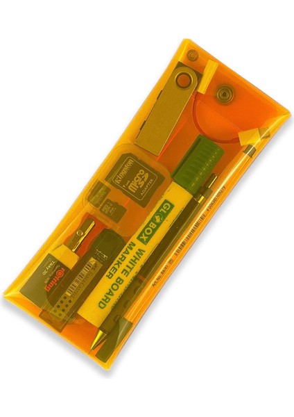 Jellycase Kalem Kutusu Kalemlik (Makyaj Kozmetik Aksesuar Çantası) Organizer Turuncu - Şeffaf Pvc