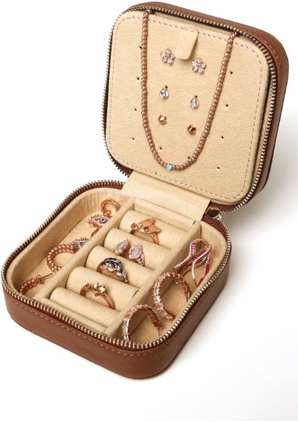 Düzenleyici Takı Mücevher Aksesuar Organizer Taba Renk Deri Taşınabilir Çantası
