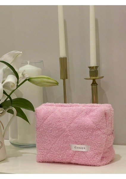 Pembe Havlu Kumaş Düzenleyici Kozmetik Makyaj Çantası Süper Boy Ölçüler 22X10X13