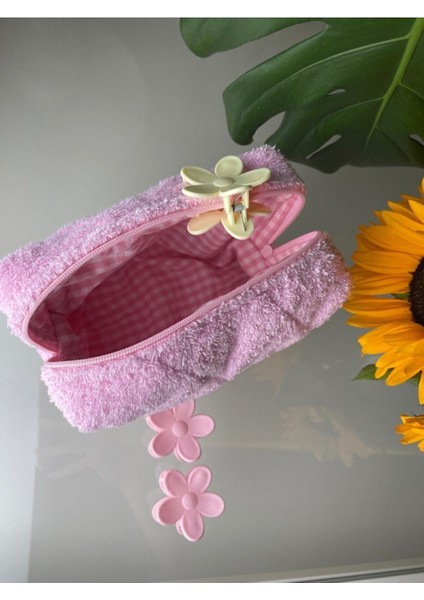 Pembe Havlu Kumaş Düzenleyici Kozmetik Makyaj Çantası Süper Boy Ölçüler 22X10X13