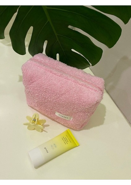 Pembe Havlu Kumaş Düzenleyici Kozmetik Makyaj Çantası Süper Boy Ölçüler 22X10X13
