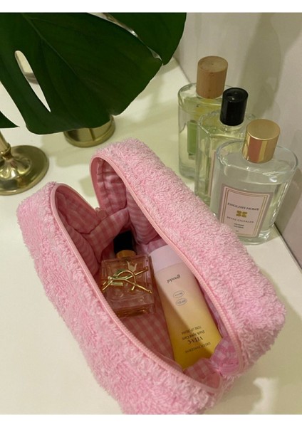 Pembe Havlu Kumaş Düzenleyici Kozmetik Makyaj Çantası Süper Boy Ölçüler 22X10X13