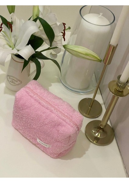 Pembe Havlu Kumaş Düzenleyici Kozmetik Makyaj Çantası Süper Boy Ölçüler 22X10X13