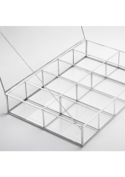 30X20X6CM 10 Bölmeli Gümüş Cam Kapaklı Organizer Kutu Takı Aksesuar Kolye Yüzük Makyaj Düzenleyici modelleri