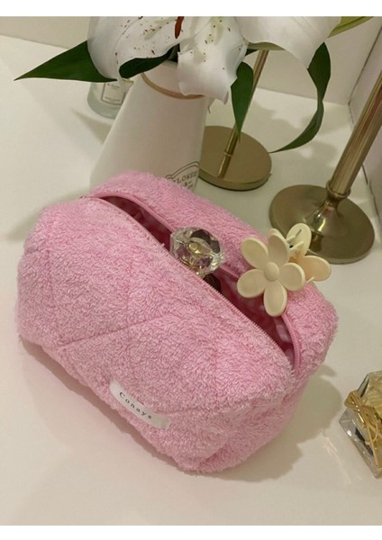 Pembe Havlu Kumaş Düzenleyici Kozmetik Makyaj Çantası Büyük Boy Ölçüler 20X10X10