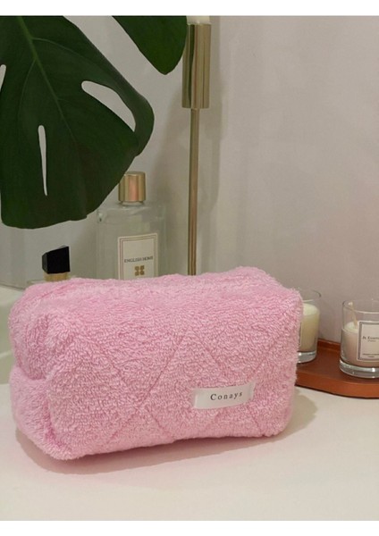 Pembe Havlu Kumaş Düzenleyici Kozmetik Makyaj Çantası Büyük Boy Ölçüler 20X10X10