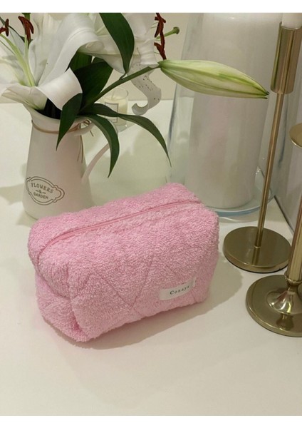 Pembe Havlu Kumaş Düzenleyici Kozmetik Makyaj Çantası Büyük Boy Ölçüler 20X10X10