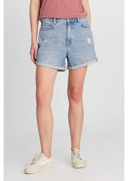 %100 Pamuk Regular Fit Normal Kesim Mavi Mini Denim Jean Şort