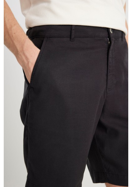 Regular Fit Normal Kesim Lastik Bel Detaylı Siyah Şort