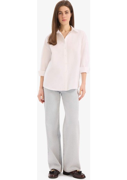 Oversize Geniş Kalıp Basic DÜz Oxford Uzun Kollu Gömlek F1654AX25SP