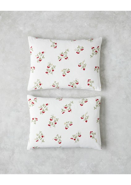 Cherry Blossom Kolay Ütülenir 2'li Yastık Kılıfı 50X70 cm Beyaz - Kırmızı