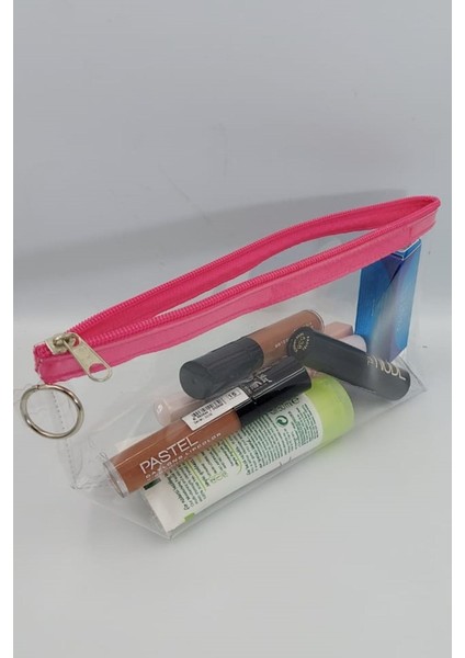 Pembe, Şeffaf Üçgen Makyaj Çantası