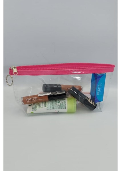 Pembe, Şeffaf Üçgen Makyaj Çantası