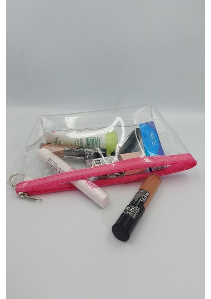 Pembe, Şeffaf Üçgen Makyaj Çantası