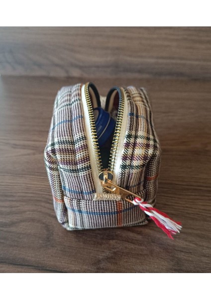 Kahverengi Ekose Şık Organizer Makyaj Çantası Seyahat Çantası Küçük Boy