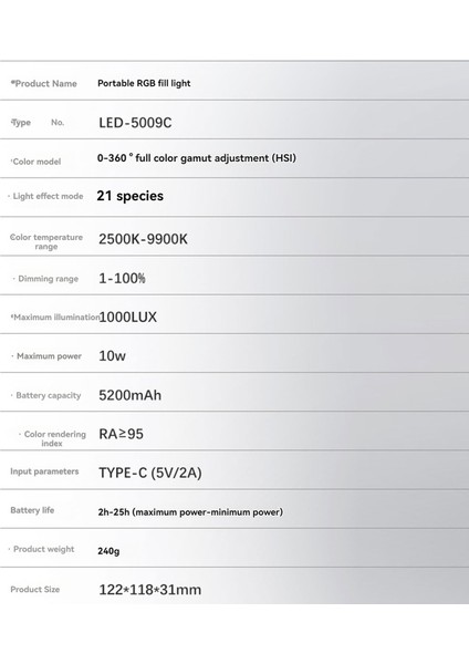 Lıyadı 5009C Rgb Fotoğrafik Doldurma Işığı 2500 - 9900K Parlaklık Ayarlanabilir 21 Işık Efekti (Yurt Dışından) fiyatları