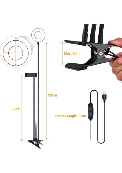 3,5 Inç Kırılabilir Mini USB Halka Işığı 3 Aydınlatma Modu Esnek Kollar (Yurt Dışından) modelleri