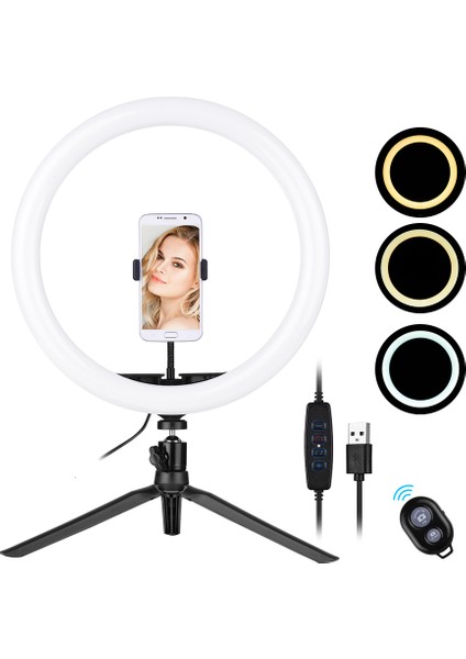 30 cm LED Halka Işığı 5600 - 8200K Parlaklık Ayarlı 3 Renkli Tripod Uzak Şarj Fotoservis Aleti (Yurt Dışından)
