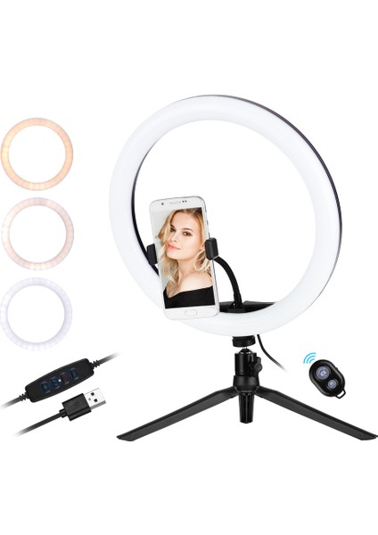 30 cm LED Halka Işığı 5600 - 8200K Parlaklık Ayarlı 3 Renkli Tripod Uzak Şarj Fotoservis Aleti (Yurt Dışından) fiyatları