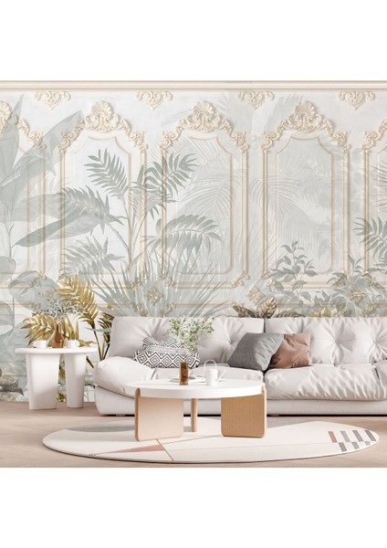 Tropikal Bitkiler ve Klasik Çerçeve Motifli Duvar Kağıdı-Duvar Kaplama Kağıdı