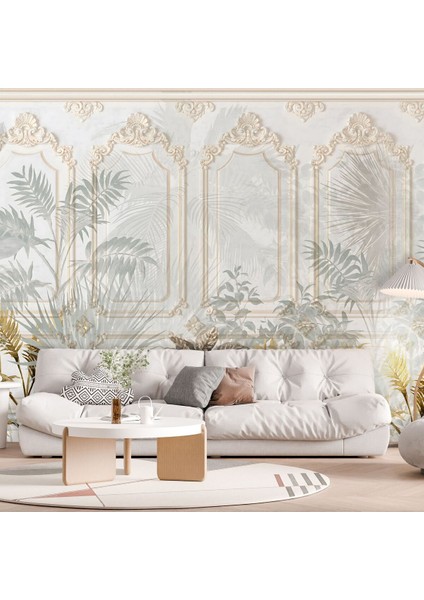 Tropikal Bitkiler ve Klasik Çerçeve Motifli Duvar Kağıdı-Duvar Kaplama Kağıdı fiyatları