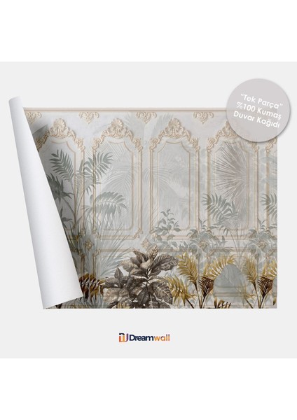 Tropikal Bitkiler ve Klasik Çerçeve Motifli Duvar Kağıdı-Duvar Kaplama Kağıdı indirimleri