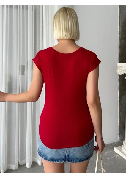 V Yaka Bel Boy T-Shirt - Kırmızı fiyatları