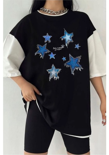 Çift Renk Yıldız Baskılı Tshirt