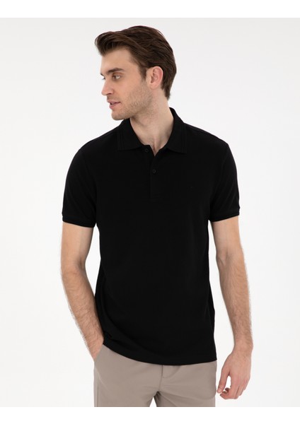 Erkek Siyah Slim Fit %100 Pamuk Polo Yaka Basic Tişört 50306448-VR046