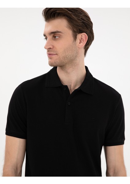 Erkek Siyah Slim Fit %100 Pamuk Polo Yaka Basic Tişört 50306448-VR046
