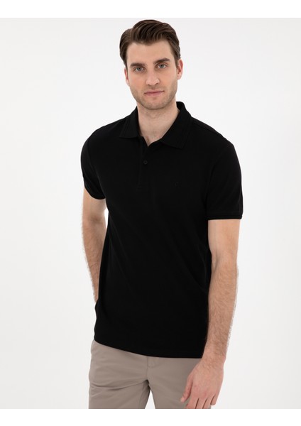 Erkek Siyah Slim Fit %100 Pamuk Polo Yaka Basic Tişört 50306448-VR046