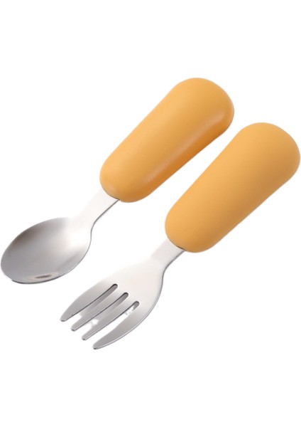 Çocuk Çatal ve Kaşık Seti Bebek Çatal ve Kaşığı Kısa Saplı Paslanmaz Çelik Silikon Çatal ve Kaşık Bebek Tamamlayıcı Gıda Çatal Kaşık (Yurt Dışından)