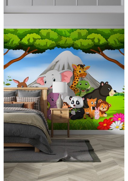 Renkli Orman Hayvanları ile Eğlenceli Çocuk Odası Duvar Kağıdı-3d Duvar Kağıdı