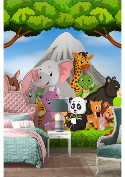 Renkli Orman Hayvanları ile Eğlenceli Çocuk Odası Duvar Kağıdı-3d Duvar Kağıdı fiyatları